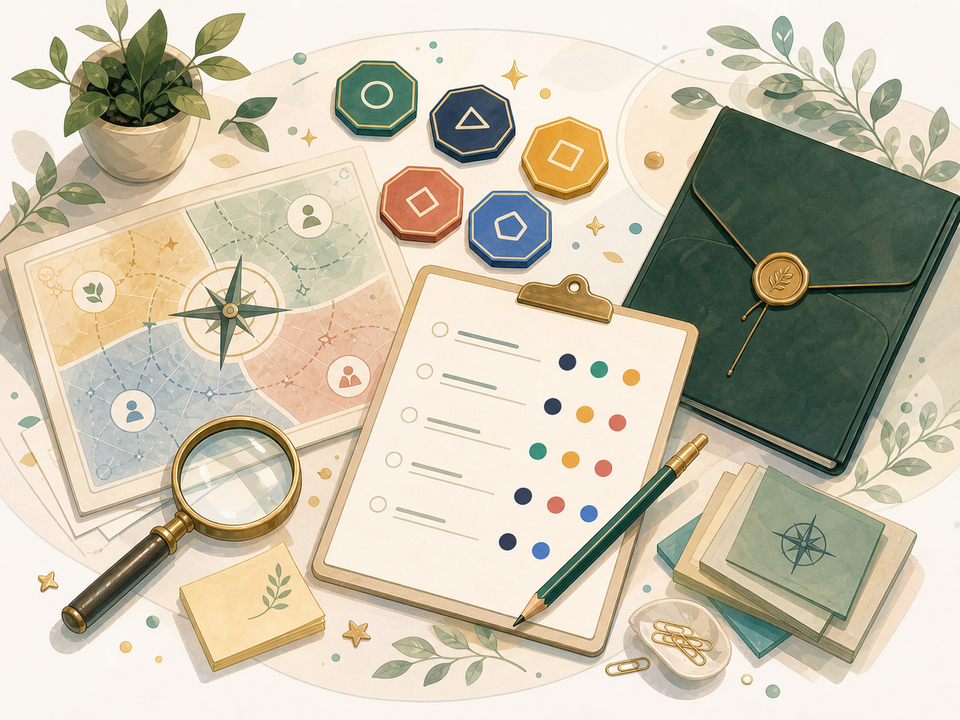 Illustrated personality discovery desk with quiz sheet and type tokens